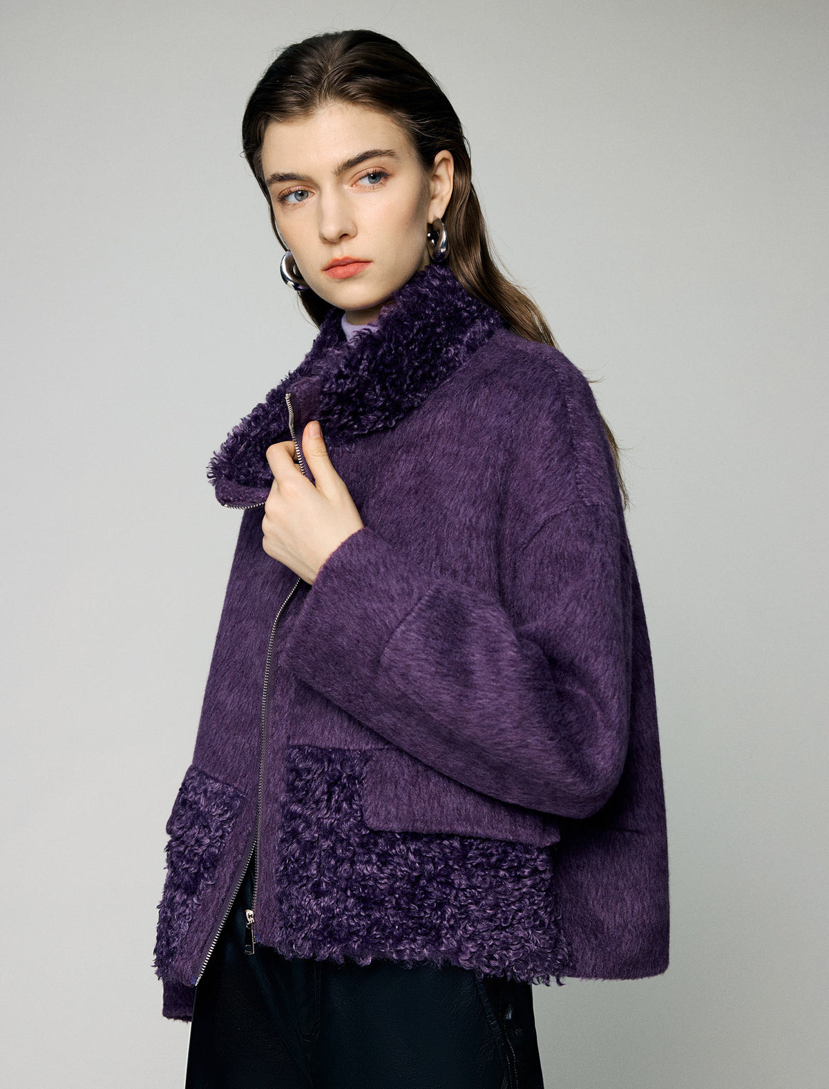 Wool Blend Contrast-Panel Stand-Collar Zip-Front Cropped Jacket