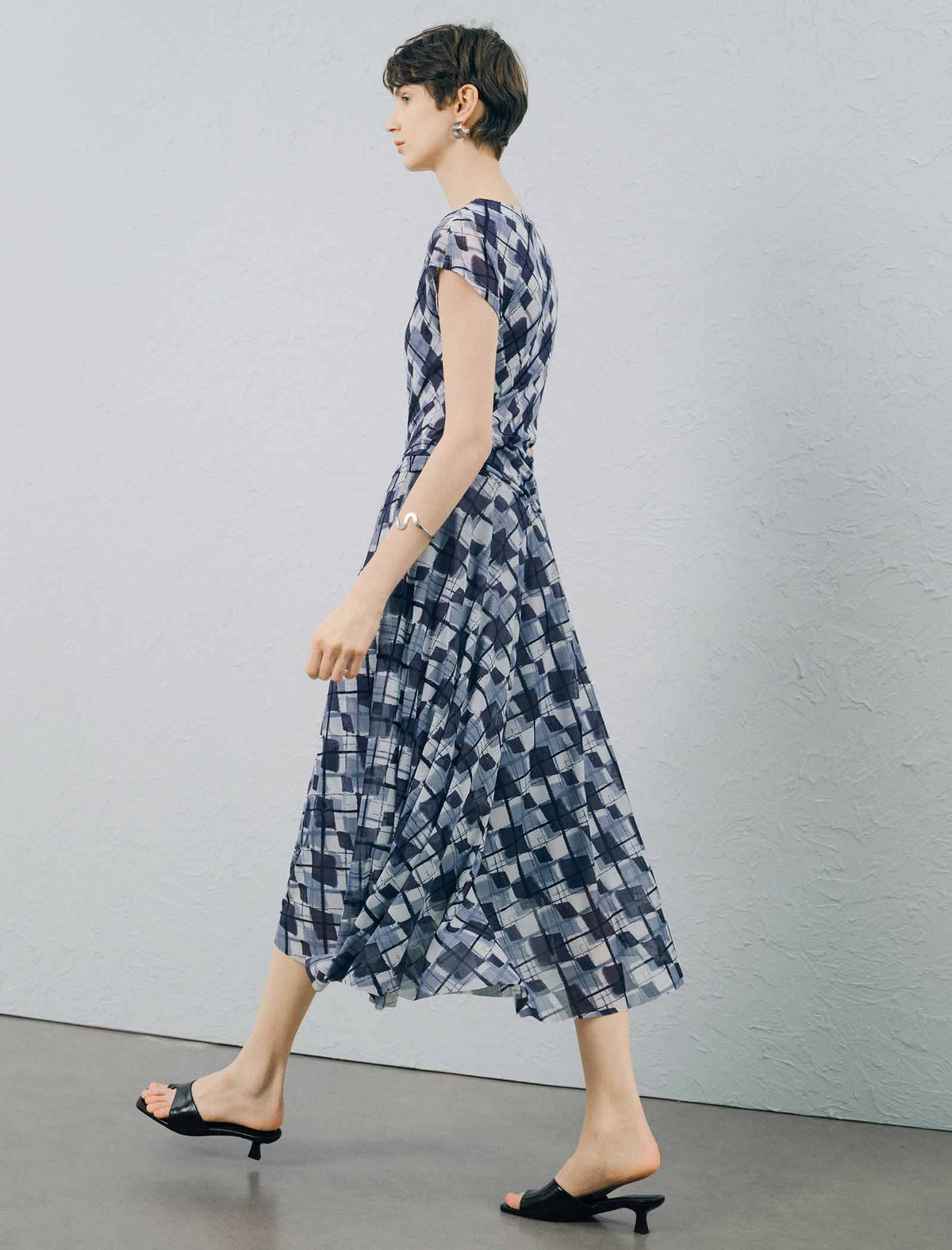 Blue Checked Ruched Midi Dress