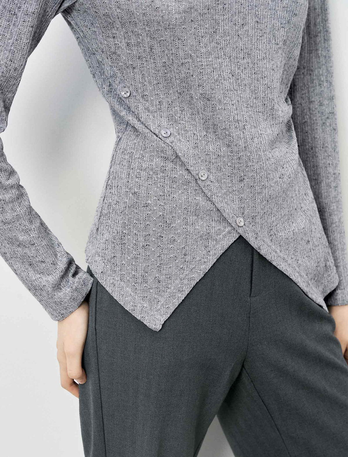 Button-Detail Asymmetric-Hem Knit Top