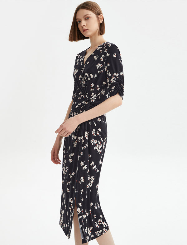 Floral Print Wrap Side Slit Midi Dress