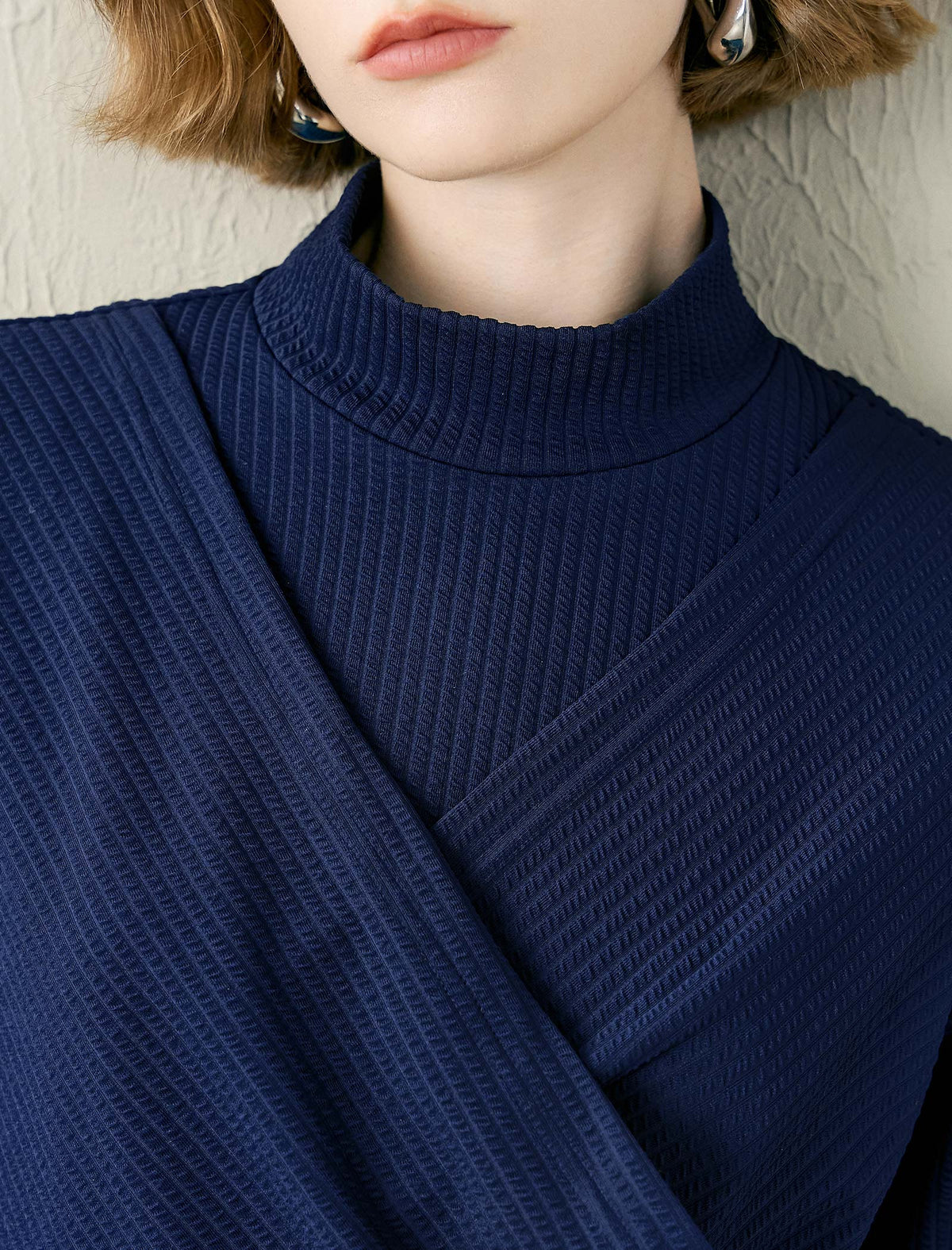 Navy Mock Neck Wrap Dress