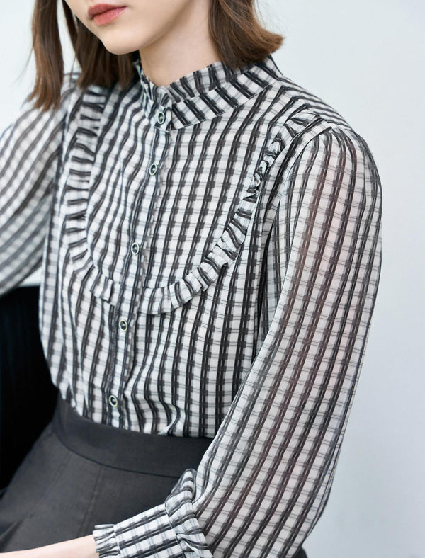 Chiffon Checkered Ruffle Detail Blouse