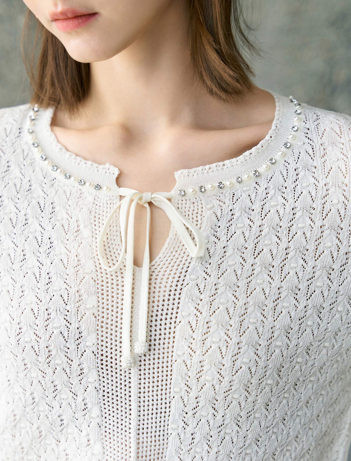 Tencel Eyelet Knit Tie-Neck Sweater
