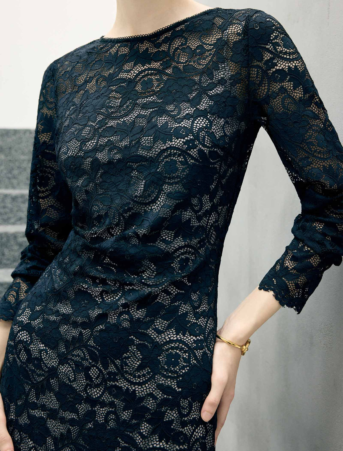 Floral Lace Scalloped Long Sleeve Midi Sheath Dress