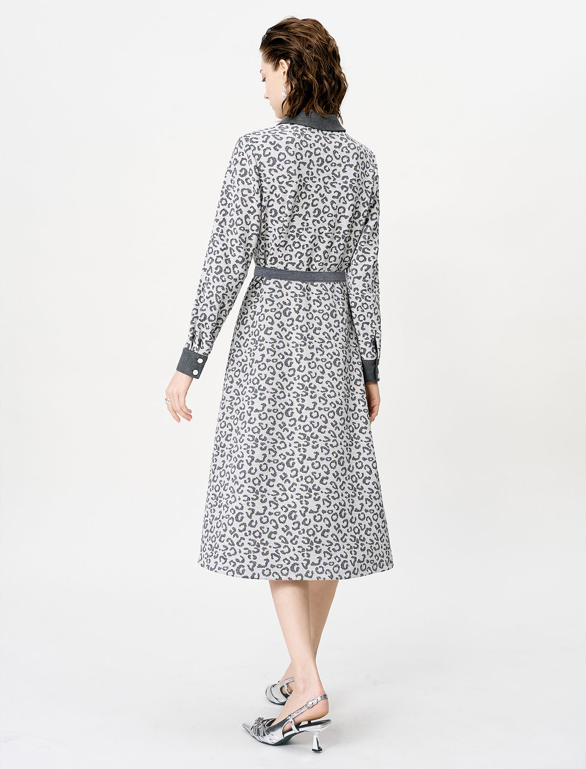 Abstract Print Belted Long Sleeve Midi Dress