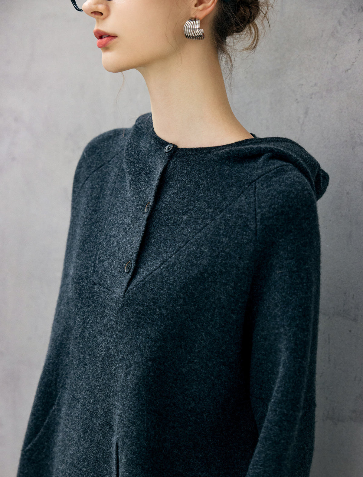 100% Wool Hooded Half-Button Pocket Relaxed Sweater