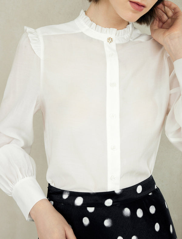 Elegant Ruffled Stand Collar Long-Sleeve Blouse