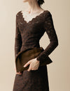 Brown Lace Long Sleeve Midi Dress