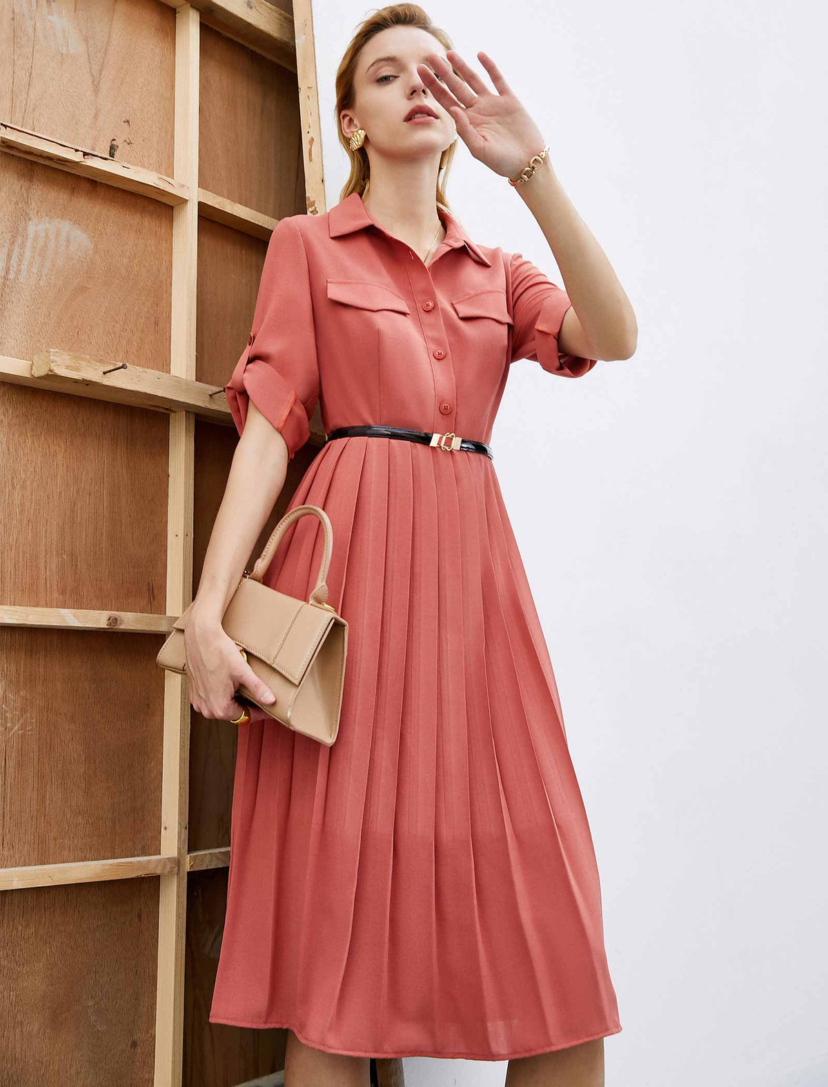 Chic Workwear Pleated Midi Shirt Dress