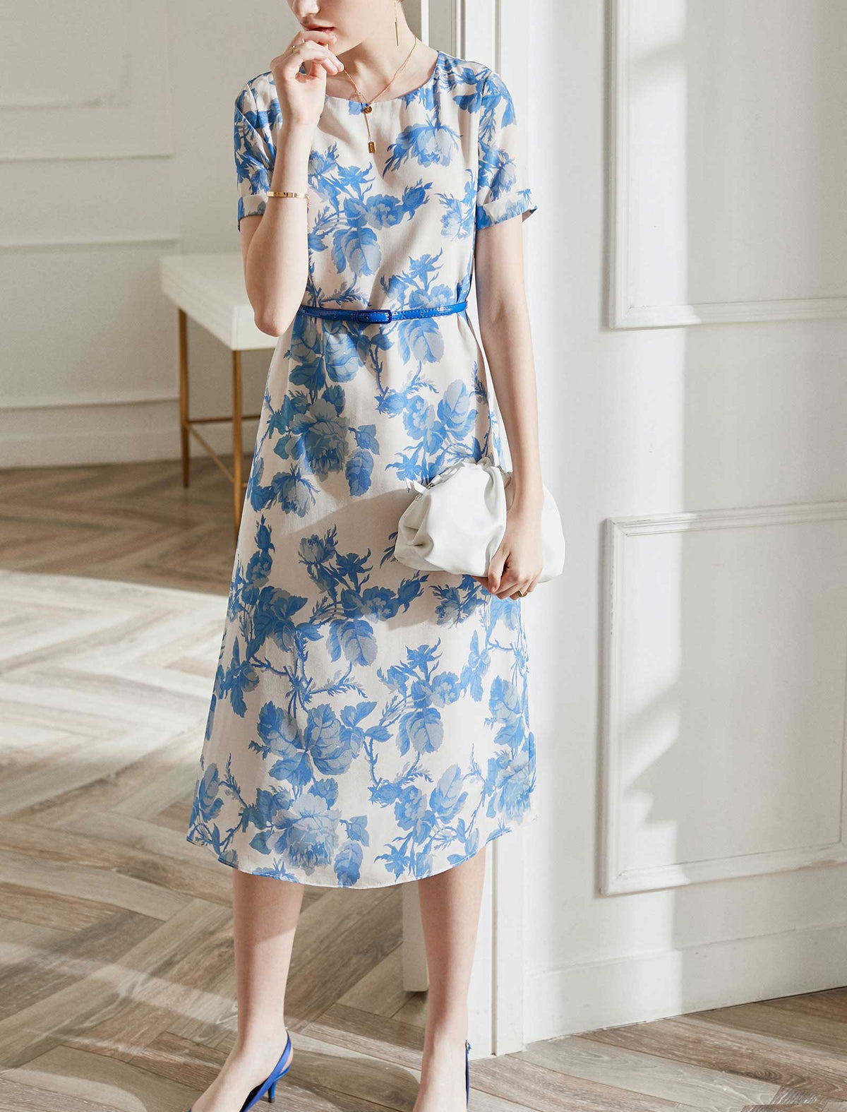 Elegant Floral Silk Dress with Cinched Waist