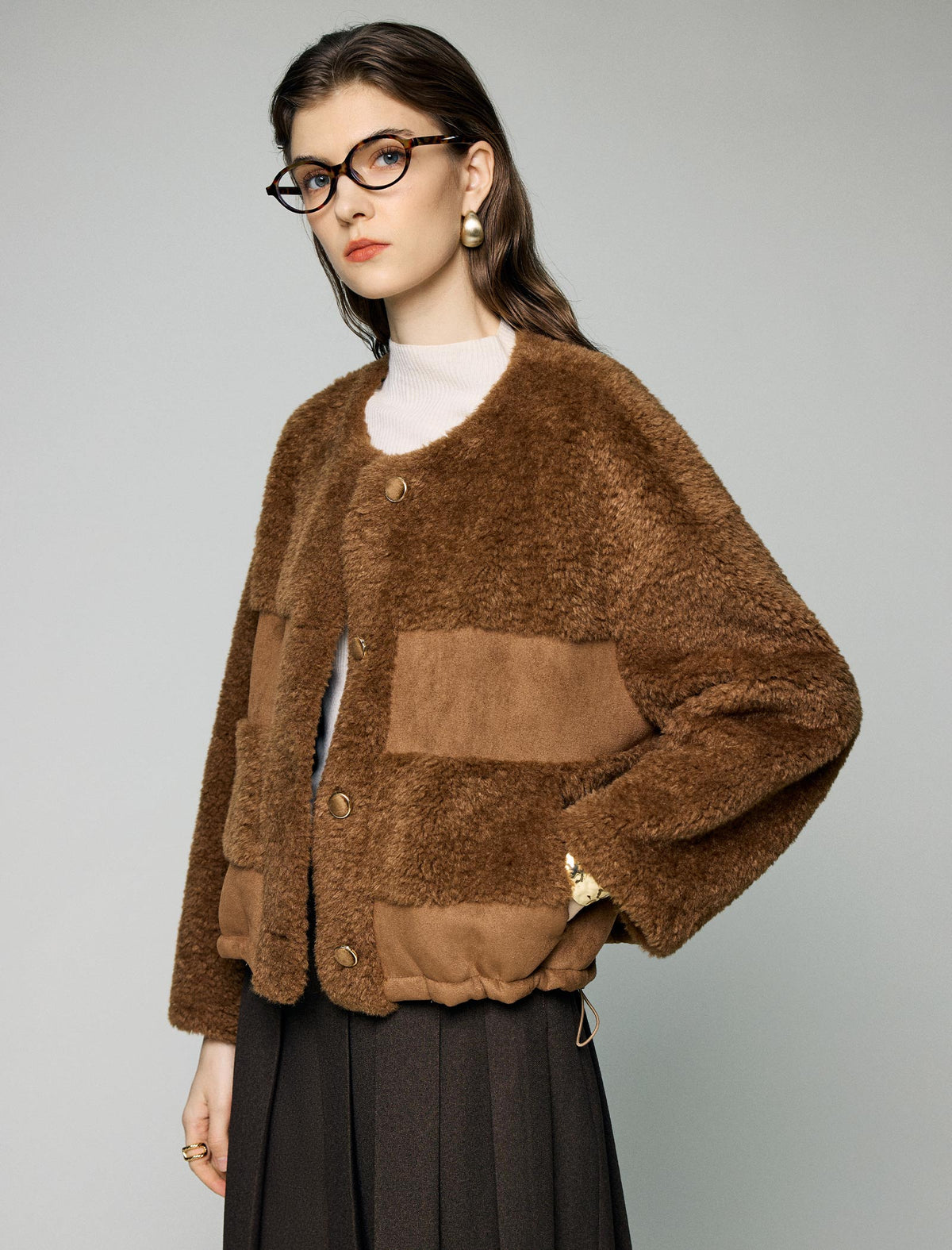 Contrast-Patch Crewneck Button-Front Cropped Jacket