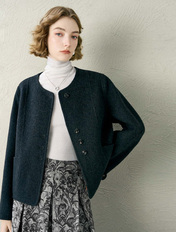 Wool-Blend Button Front Short Coat