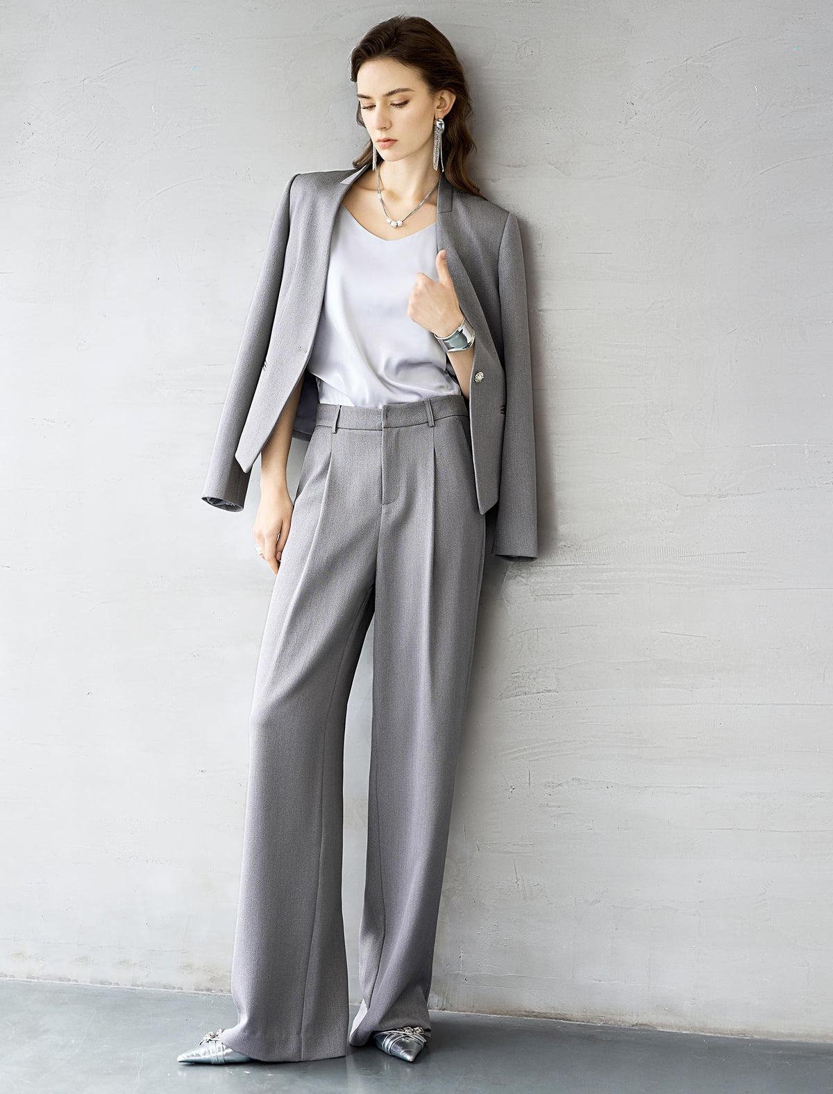 Grey Cropped Collarless Blazer