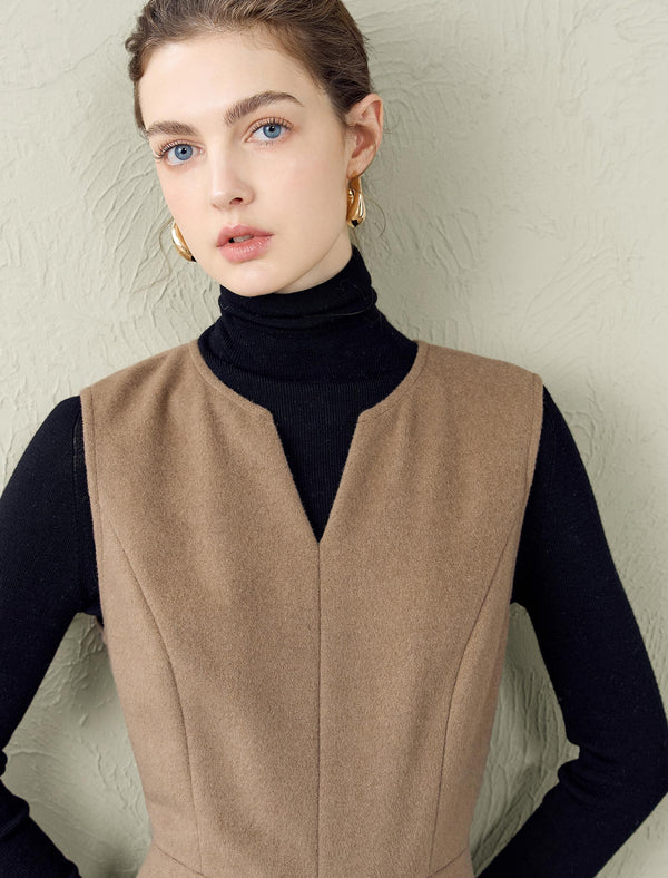 Camel Wool-Blend Sleeveless Midi Dress