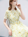 Floral Chiffon Waist-Cinched Pleated Dress