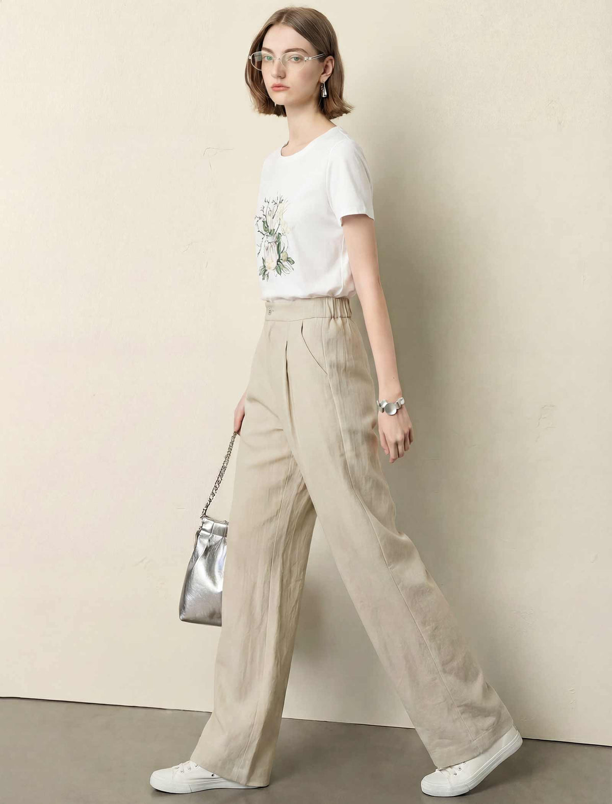 High Waist Pleated Linen Blend Wide Leg Straight Pants