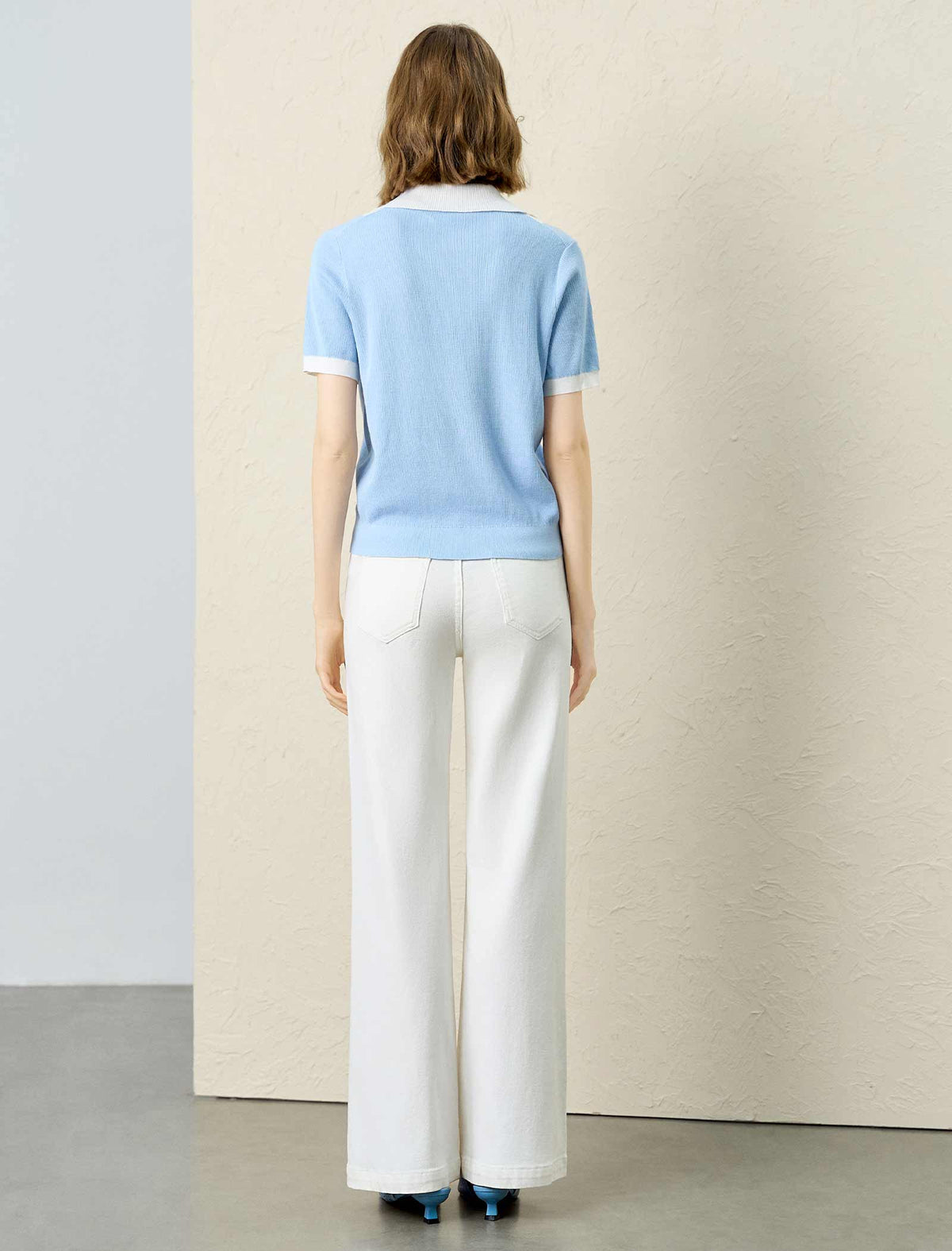 Contrast‑Trim Polo Rib‑Knit Short‑Sleeve Top