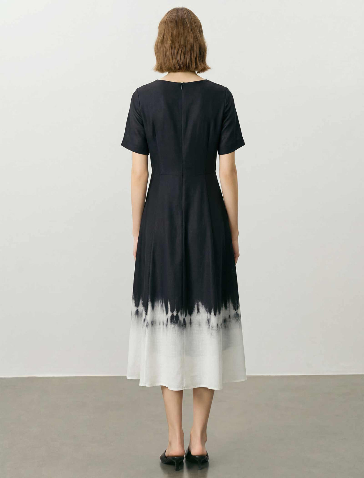 Black And White Ombre Tie-Dye Square Neck Midi Dress