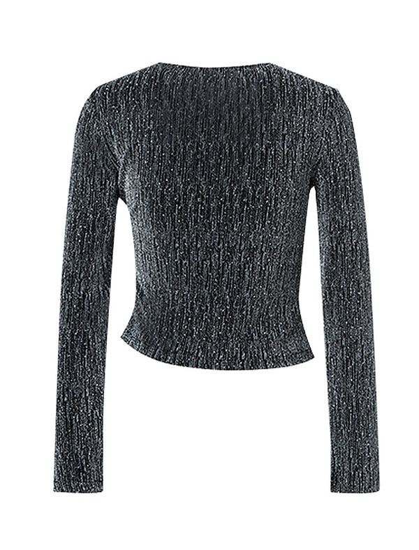 Glittery Wrap-Front Long Sleeve Top