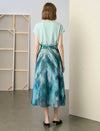 Green Blue Watercolor Print Chiffon Midi Skirt