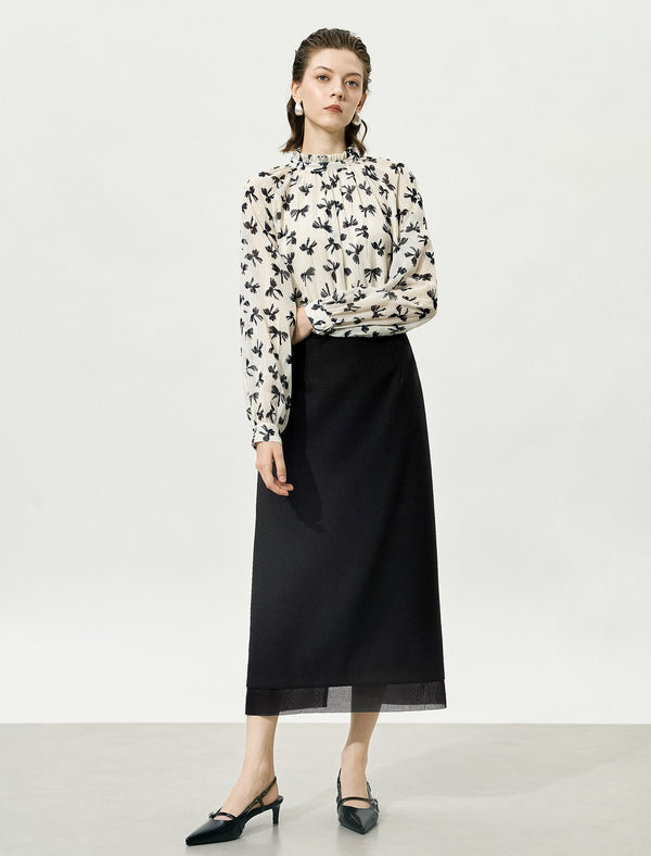 Floral Print Chiffon Ruffled Neckline Blouse