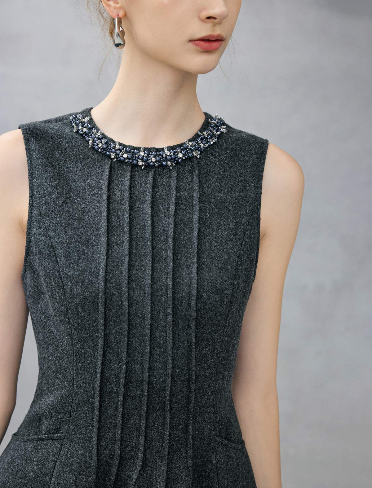 Beaded Crewneck Sleeveless Pleated A-Line Midi Dress