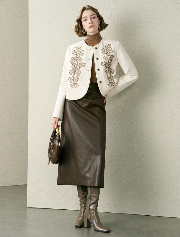 Brown Faux Leather Midi Skirt