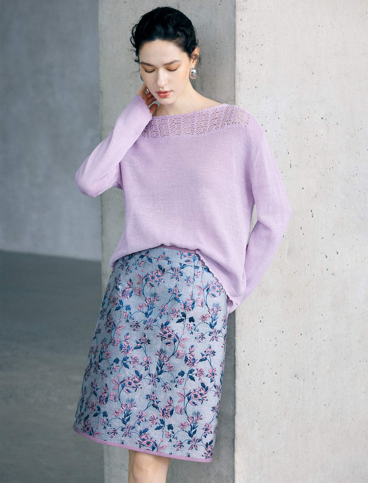 High Waist Floral Jacquard A Line Midi Skirt