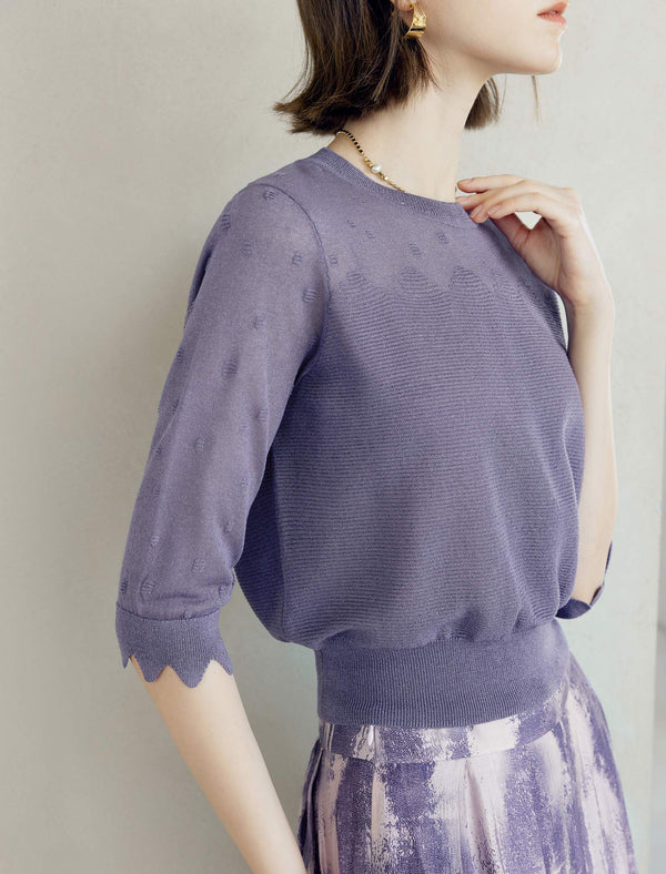 Wavy Texture Scalloped Cuffs Knitted Pullover