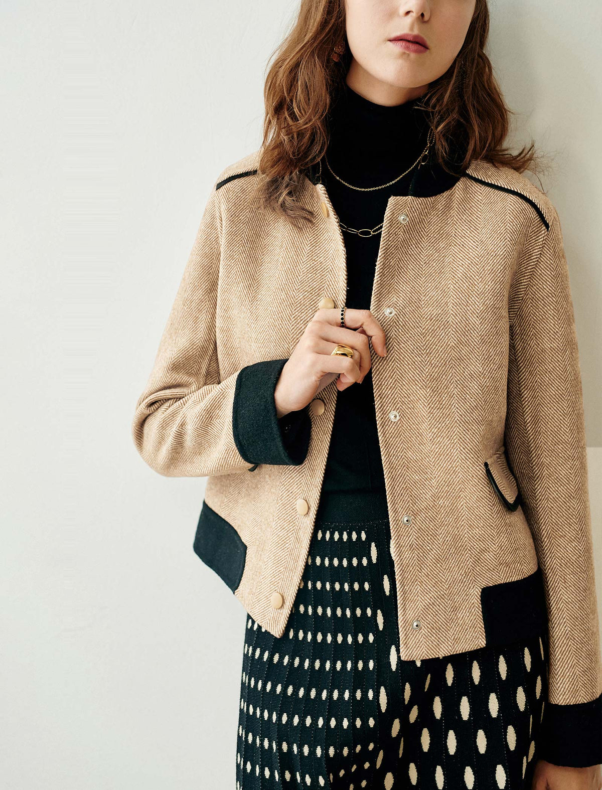Wool Blend Herringbone Stand-Collar Relaxed Jacket