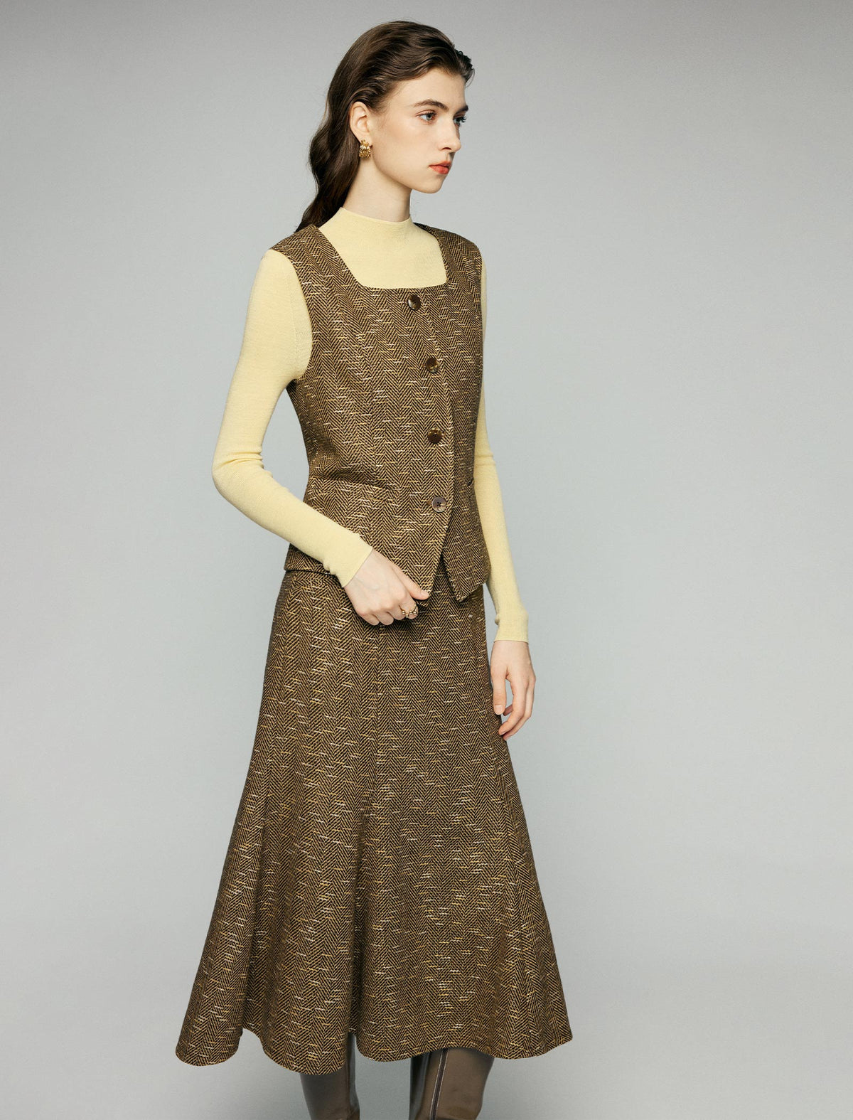 Wool Blend Textured High-Waist Mermaid Midi Skirt