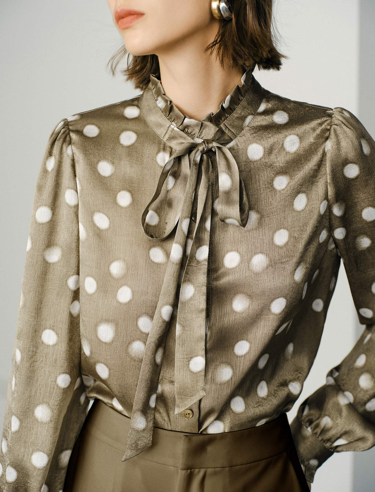 Ruffle Stand Collar Polka Dot Blouse with Self-Tie