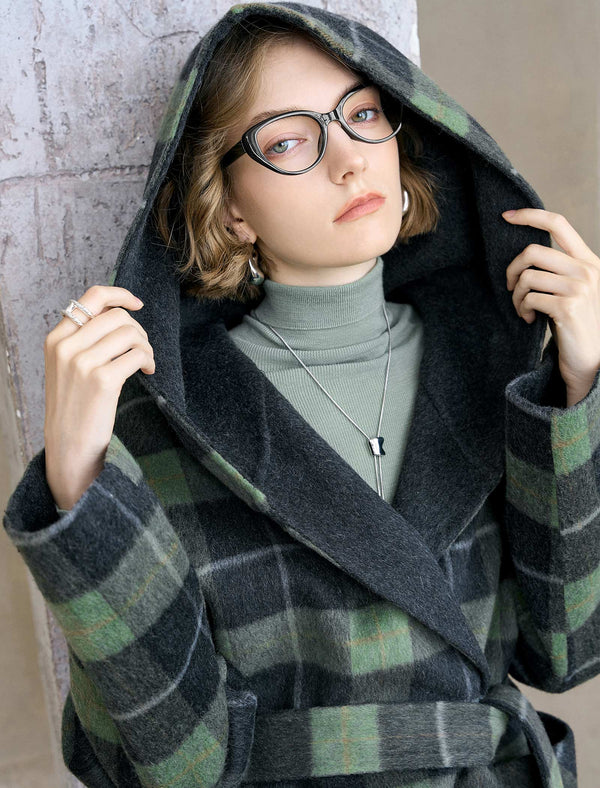 Plaid Wool-Blend Hooded Coat