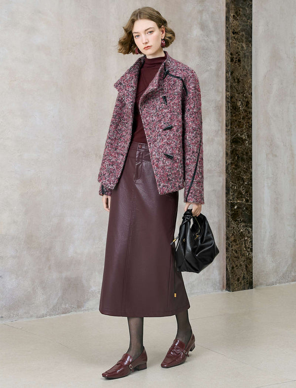 Wool-Blend Toggle Button Faux Leather Accents Jacket