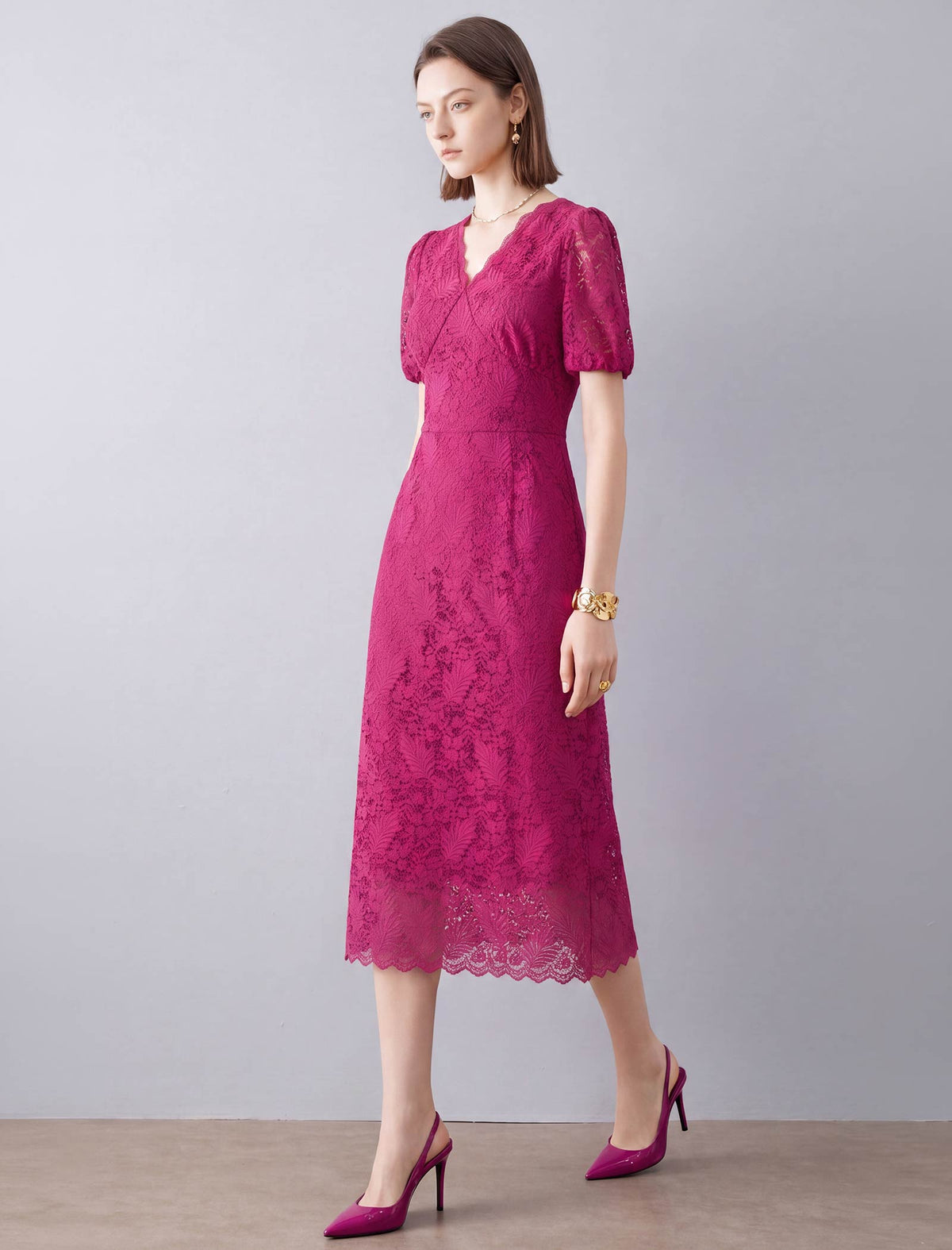 Lace Floral V-Neck Puff Sleeve Midi Dress