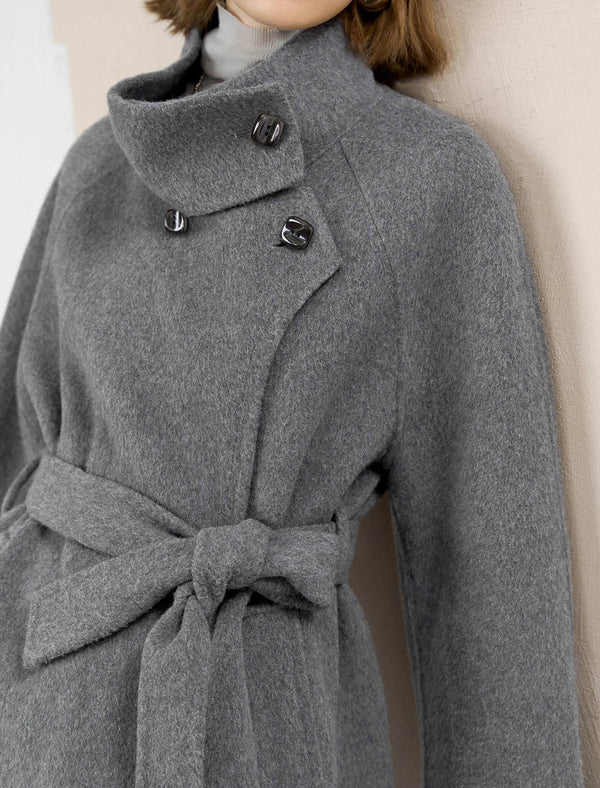 Wool-Blend Button Detail Self-Tie Coat