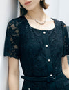 Black Lace Pearl Button Midi Dress
