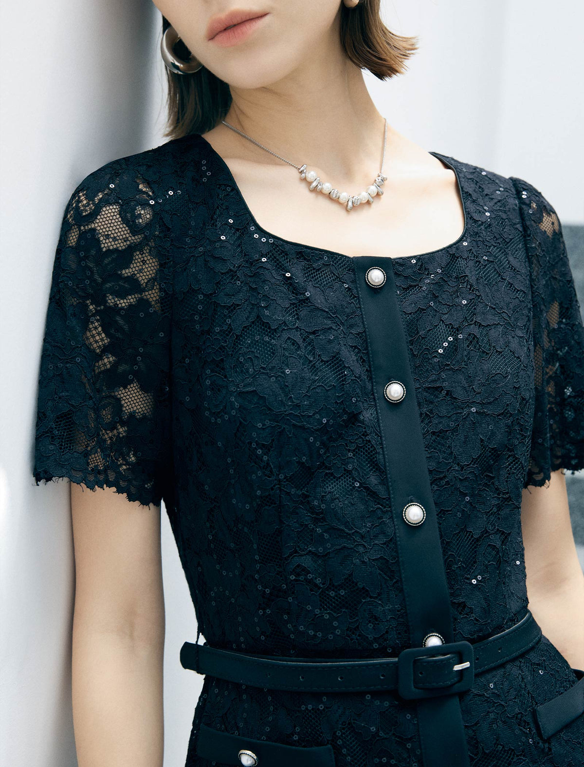 Black Lace Pearl Button Midi Dress