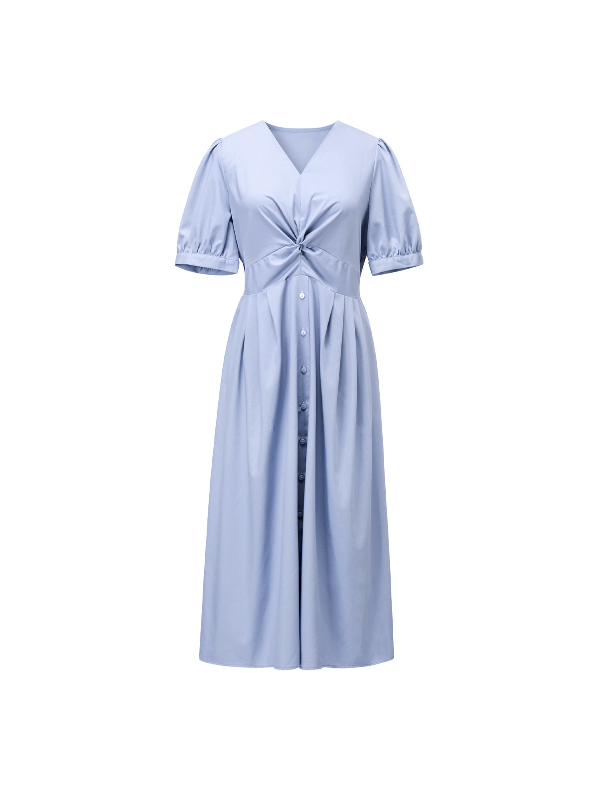 Twist Front Puff Sleeve Ruched-Waist Dress