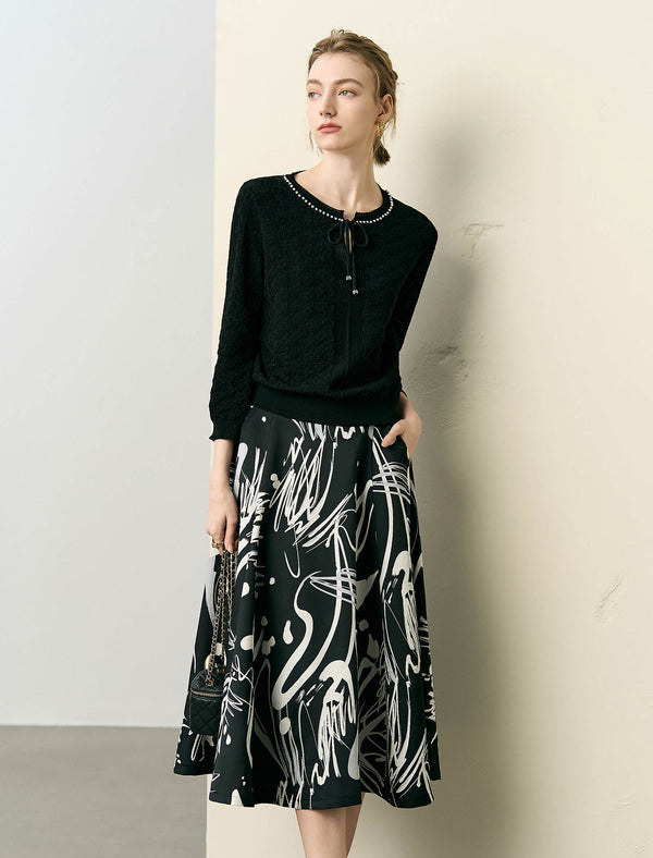 Tencel Eyelet Knit Tie-Neck Sweater