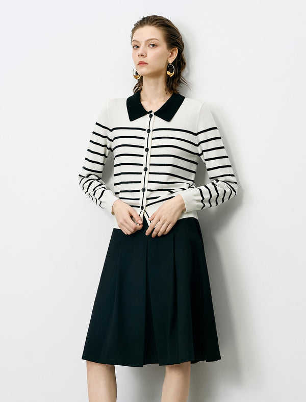 Striped Lapel Slim Fit Long-Sleeve Knit Sweater