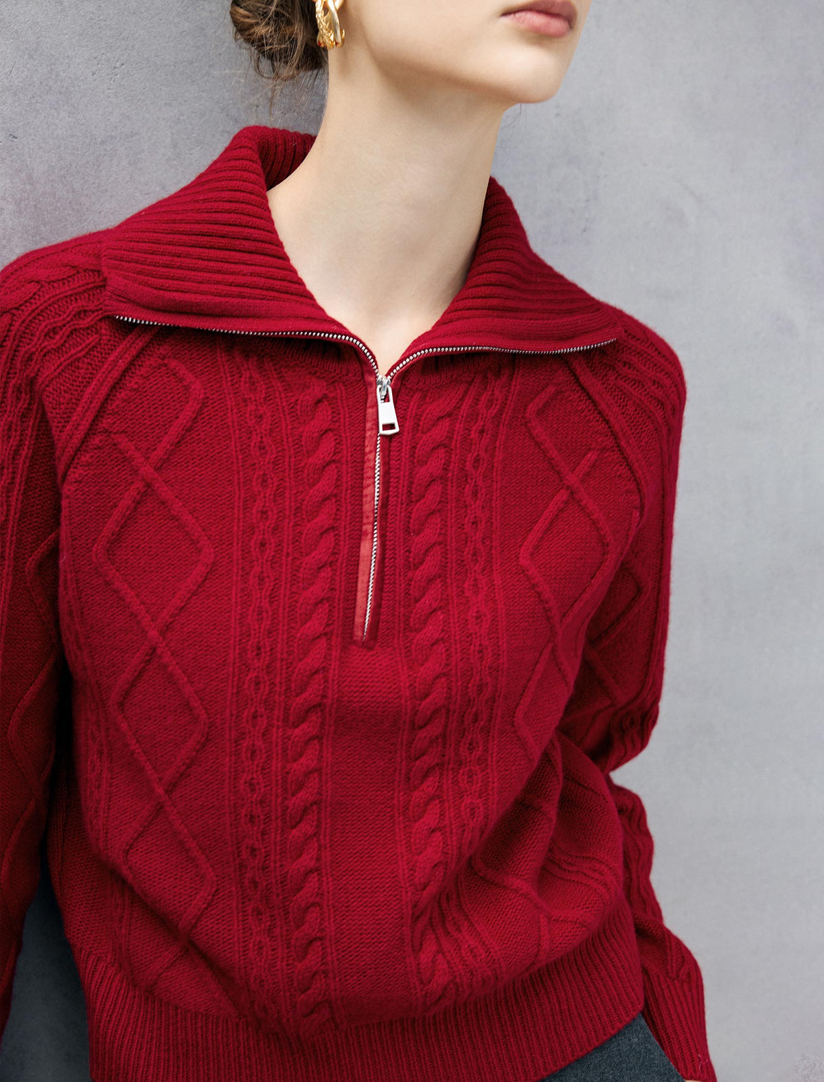 Wool Blend Cable-Knit Collared Half-Zip Sweater