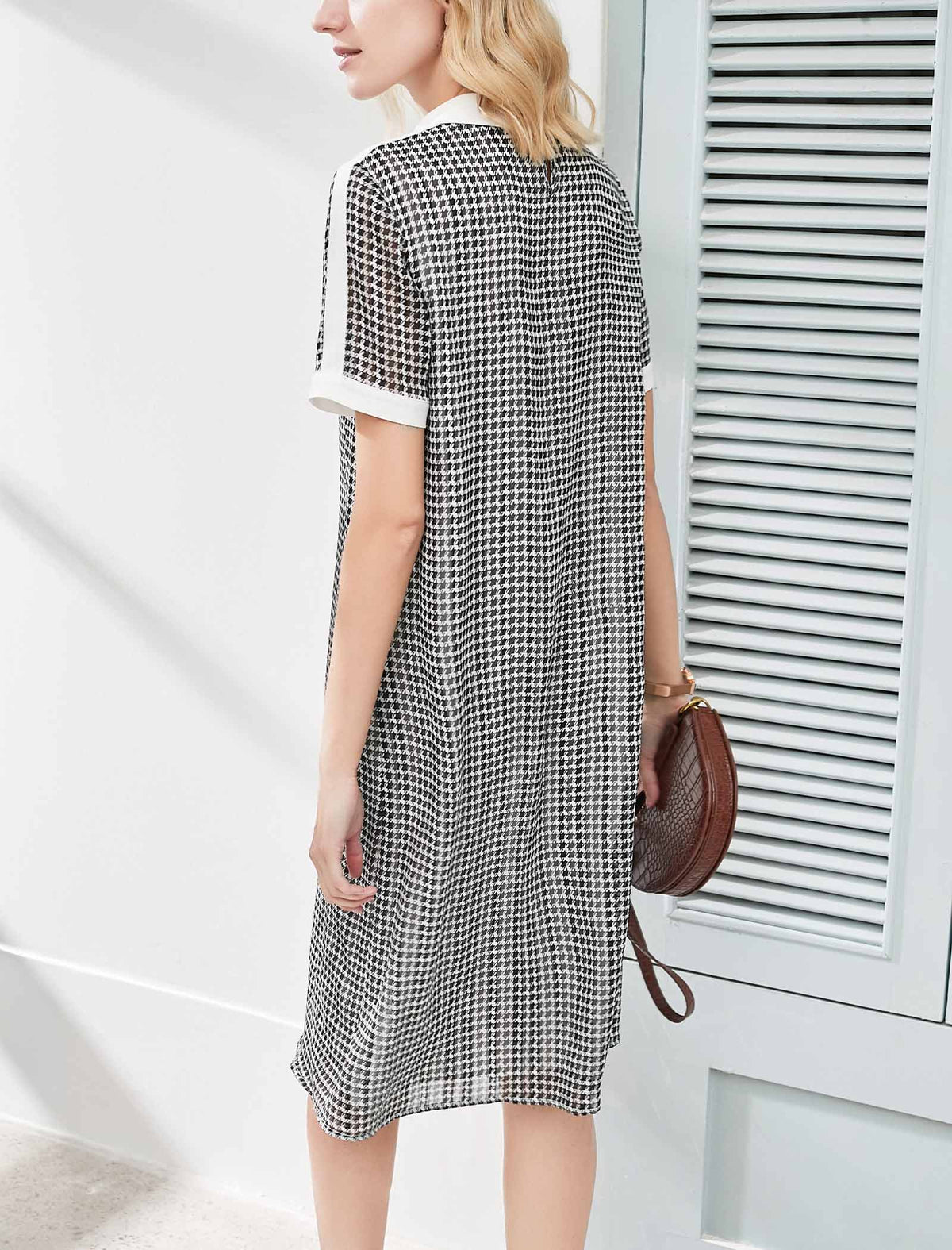 Houndstooth Chiffon Contrast Collar Midi Shirt Dress