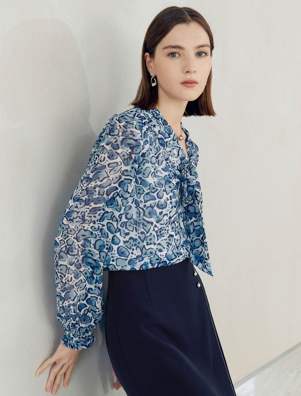 Chiffon Blue Leopard Print Blouse