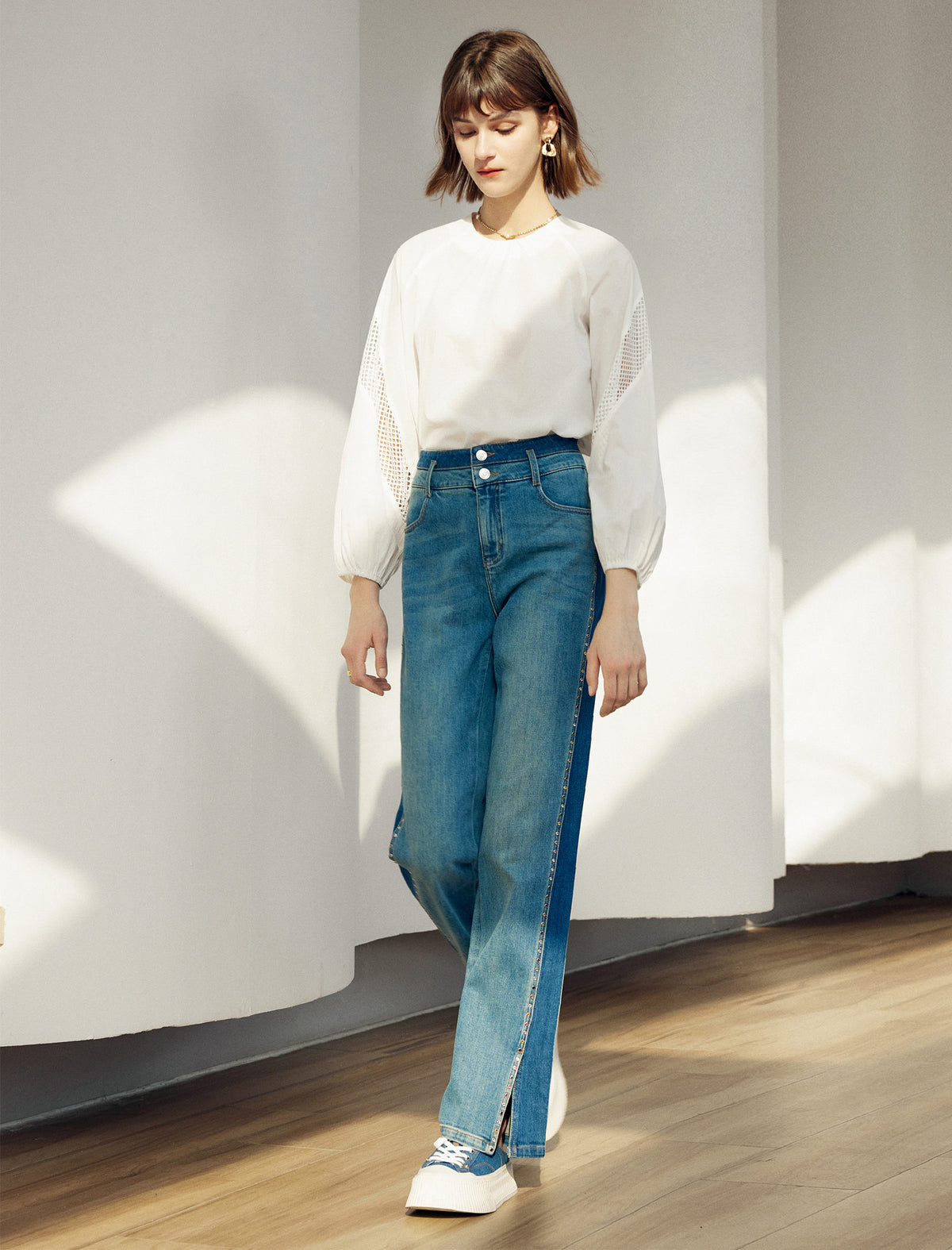 Mesh Detail Round Neck Puff Sleeve Blouse