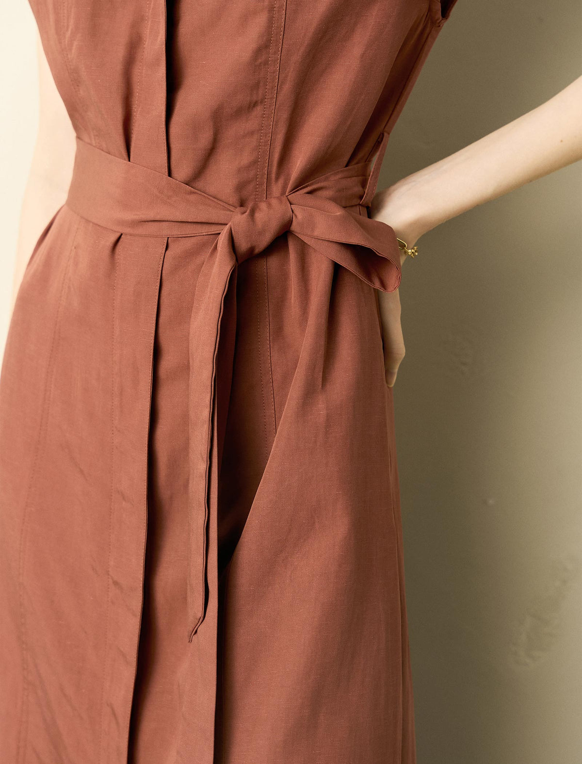 Zip-Up Collared Cap-Sleeve Belted Shirt Dress
