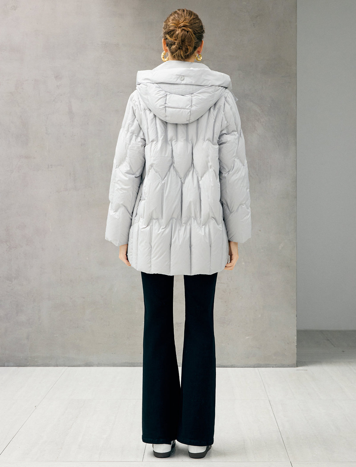 Hooded Seamless-Quilted Zip-Front Mid-Length Puffer Coat