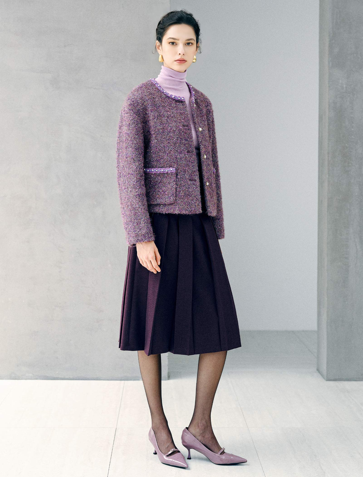 Sequin Textured Pearl Trim Round Neck Jacket