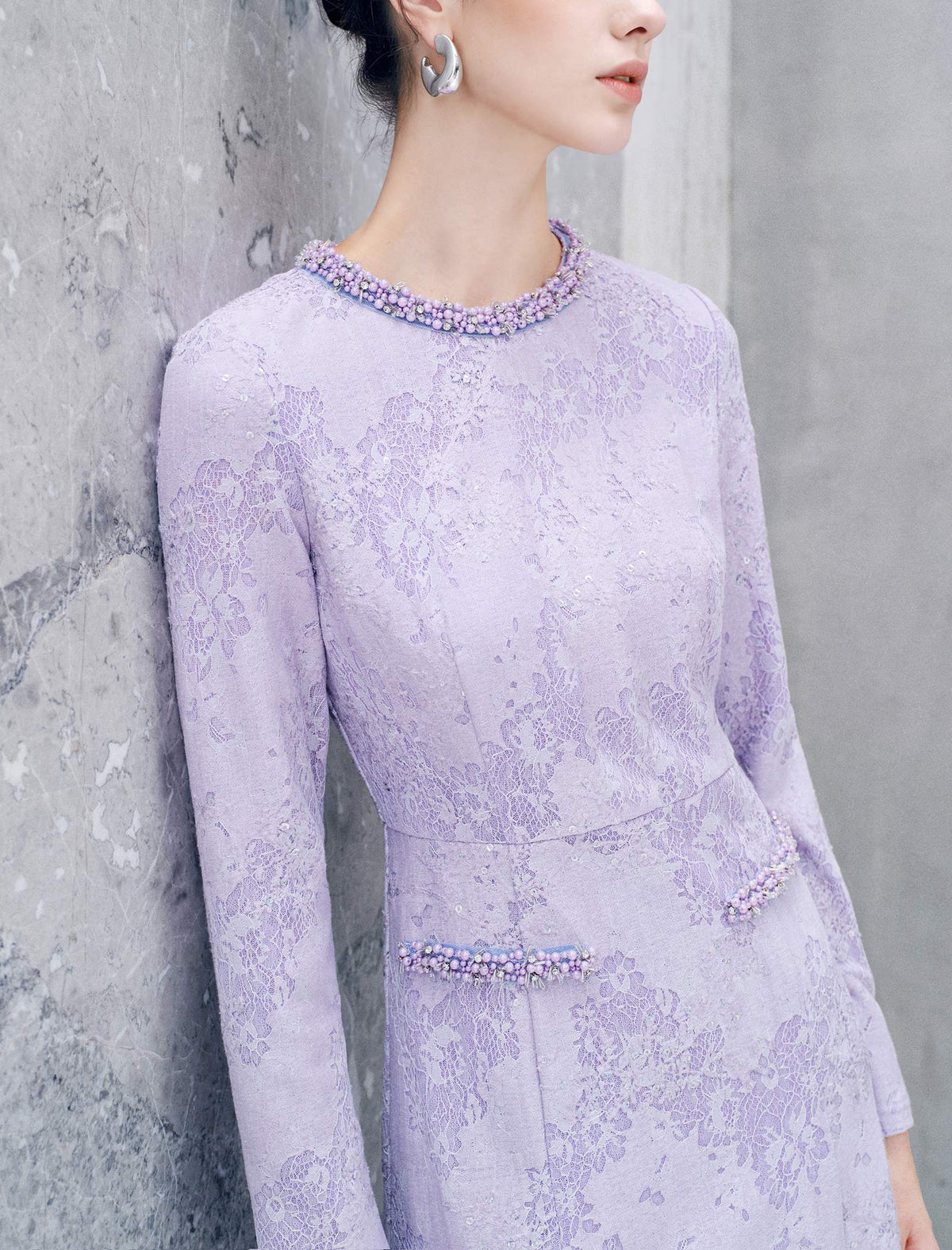 Floral Jacquard Pearl Trim Long Sleeve Mermaid Dress