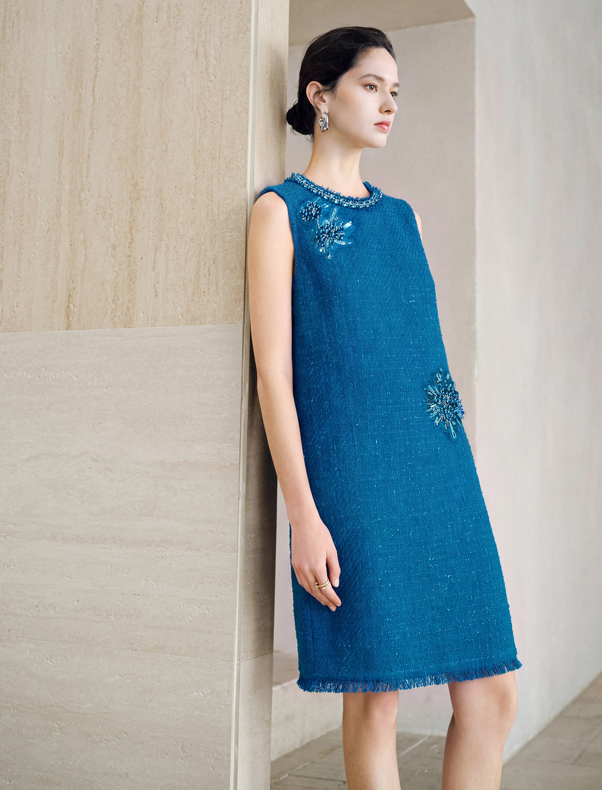 Cobalt Blue Wool Blend Featuring Sequined Floral Dress